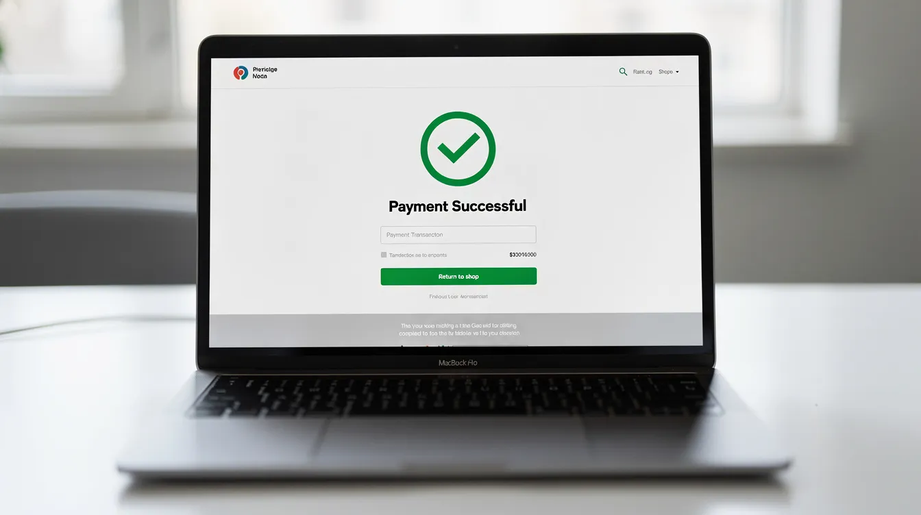 The image shows a laptop screen displaying a successful online payment confirmation, highlighted by a prominent green checkmark. This confirmation indicates a completed transaction, potentially involving a bank account with institutions like Axis Bank or Shamrao Vithal Cooperative Bank in India.