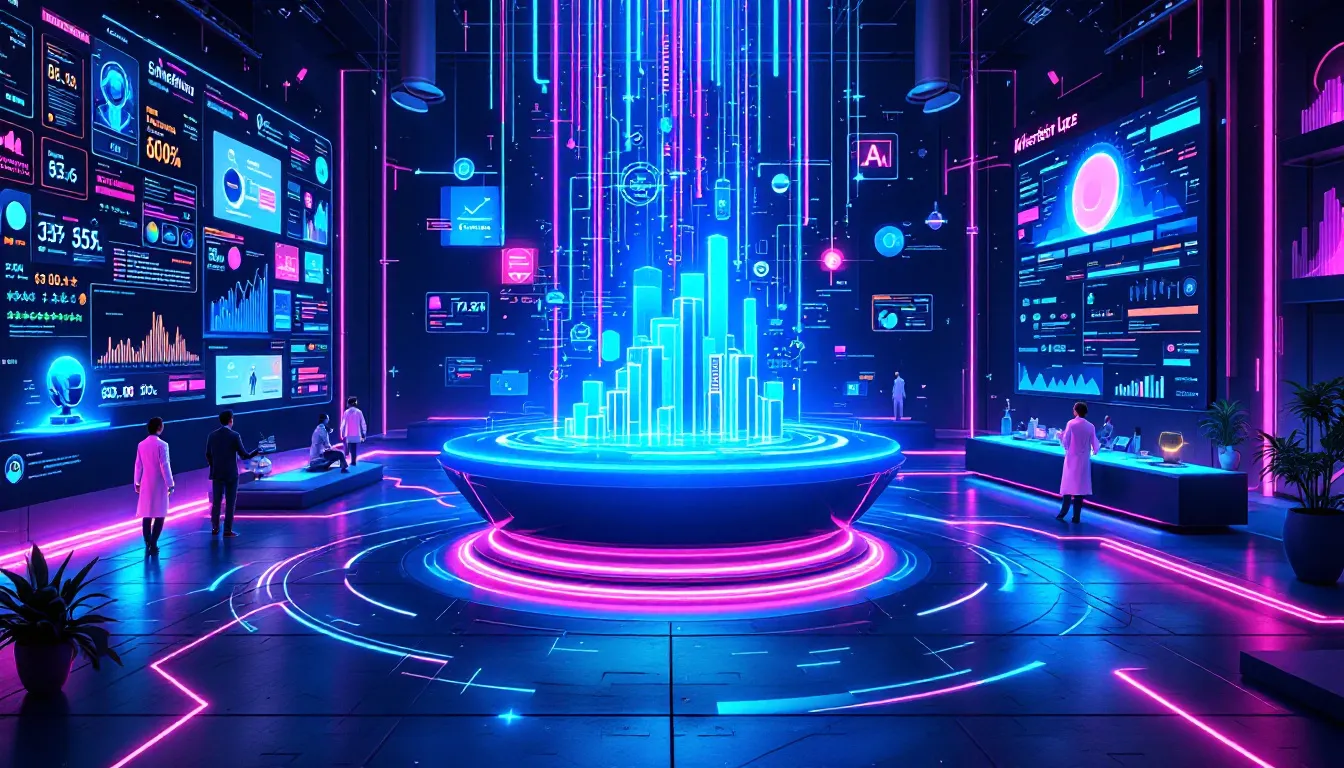 A visual representation of real-world applications of AI search engines in different fields such as marketing and research.