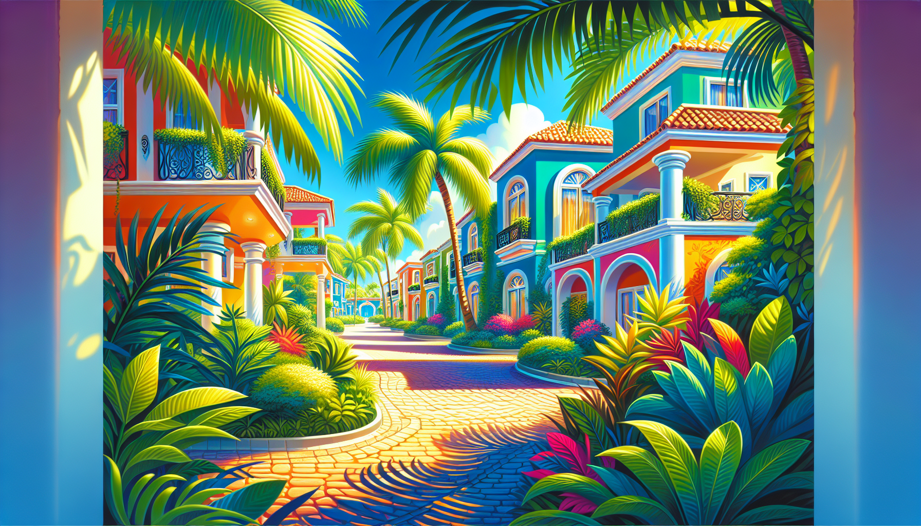 An illustration depicting gated communities in Playa del Carmen, showcasing beautiful villas and lush greenery.