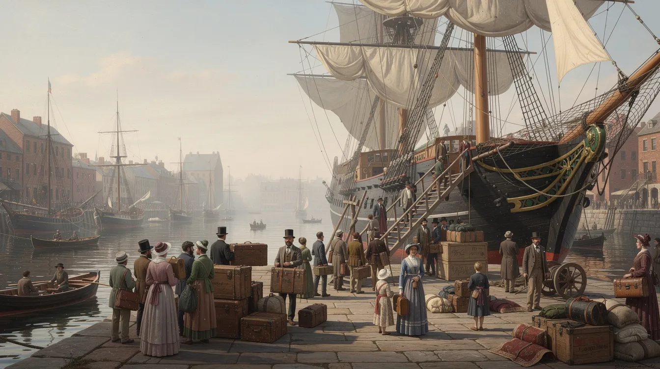 The image depicts a bustling 19th-century harbour scene with a grand sailing ship docked, surrounded by irish citizens and immigrants loading luggage onto the quay, reflecting the migration patterns of the era. Passengers, likely including asylum seekers and families, create a lively atmosphere as they prepare for their journey, symbolizing the hopes and aspirations of the irish diaspora.