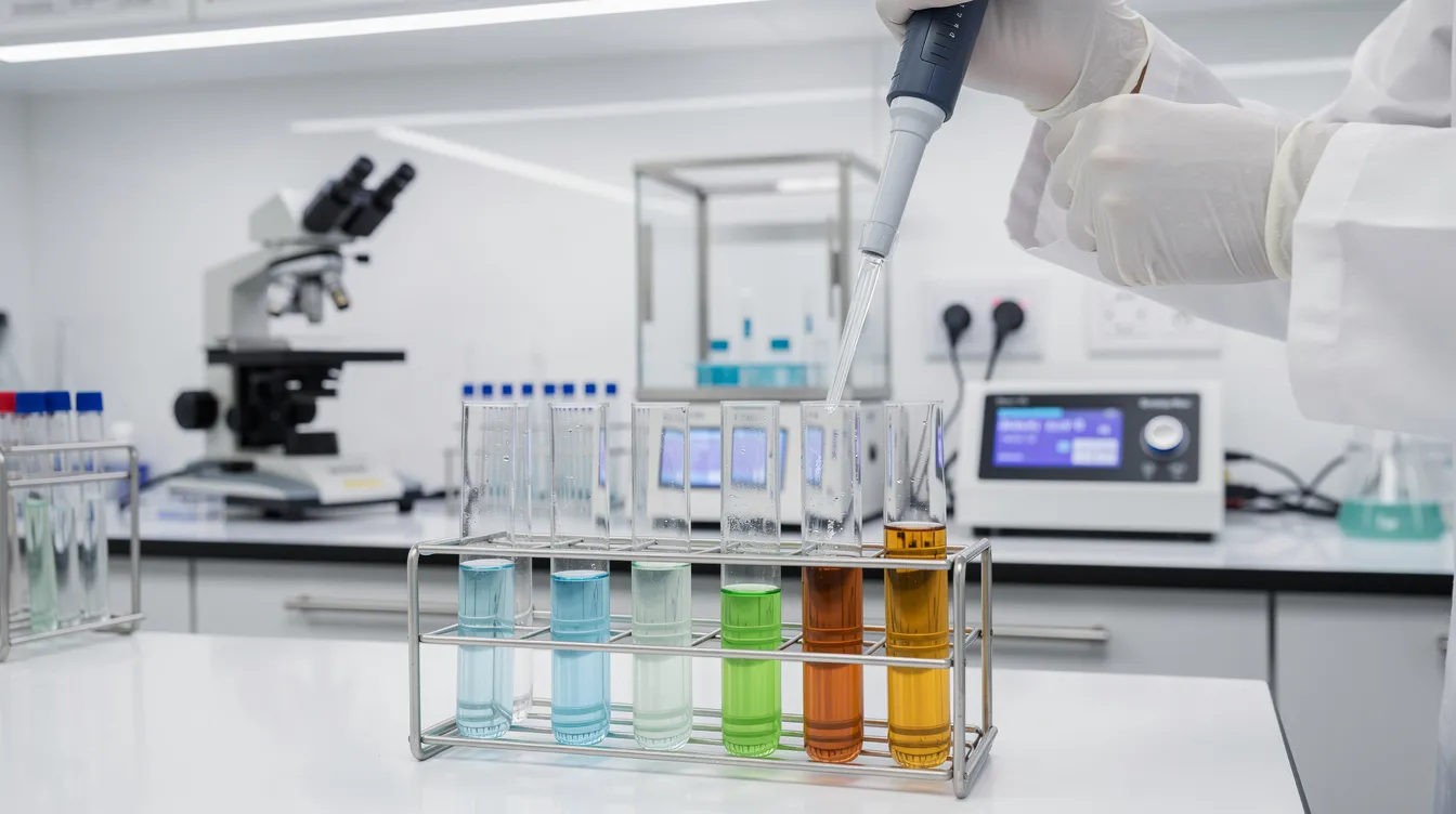 The image depicts a laboratory setting filled with test tubes, beakers, and various scientific instruments used for quality testing of cannabis products. This environment emphasizes the rigorous standards set by the Maryland Cannabis Administration for ensuring the safety and legality of hemp-derived products.