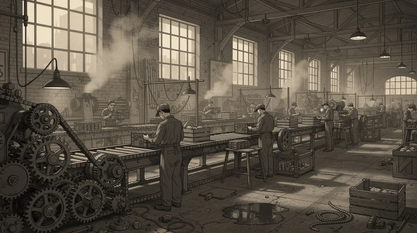 Die detailreiche Illustration zeigt eine Fabrik aus den 1930er Jahren mit laufenden Förderbändern und ineinandergreifenden Zahnrädern. Arbeiter in einheitlicher Kleidung stehen am Fließband und verkörpern das Prinzip der Mechanisierung, während der sepiafarbene Stil an die Ära von Charlie Chaplin und seinen Film "Moderne Zeiten" erinnert.