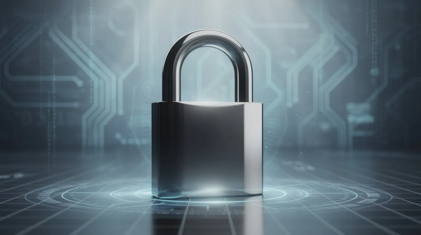 Ein Vorhängeschloss vor einem digitalen Hintergrund symbolisiert Datensicherheit und schützt den Zugang zu sensiblen Informationen und Dokumenten. Dieses Bild verdeutlicht die Bedeutung von Sicherheit in der Finanzwelt, insbesondere im Zusammenhang mit Dienstleistungen wie dem Fonds Finanz Maklerservice GmbH.