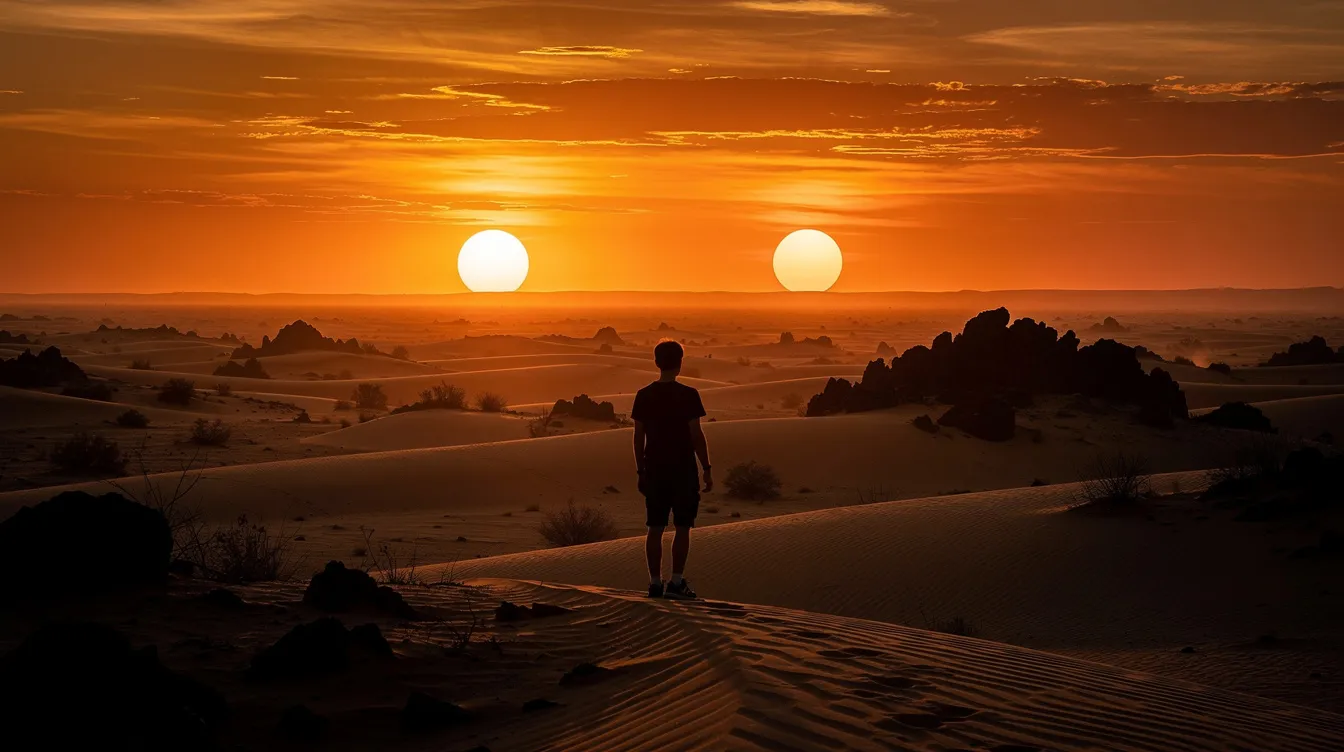 Die Silhouette eines jungen Mannes steht auf einem Hügel und blickt in einen beeindruckenden Doppelsonnuntergang über einer weiten Wüstenlandschaft, die in warmen Orange- und Goldtönen leuchtet. Diese Szene erinnert an die epischen Momente aus der Star Wars-Saga, in denen Helden in die Ferne schauen und von Abenteuern träumen.