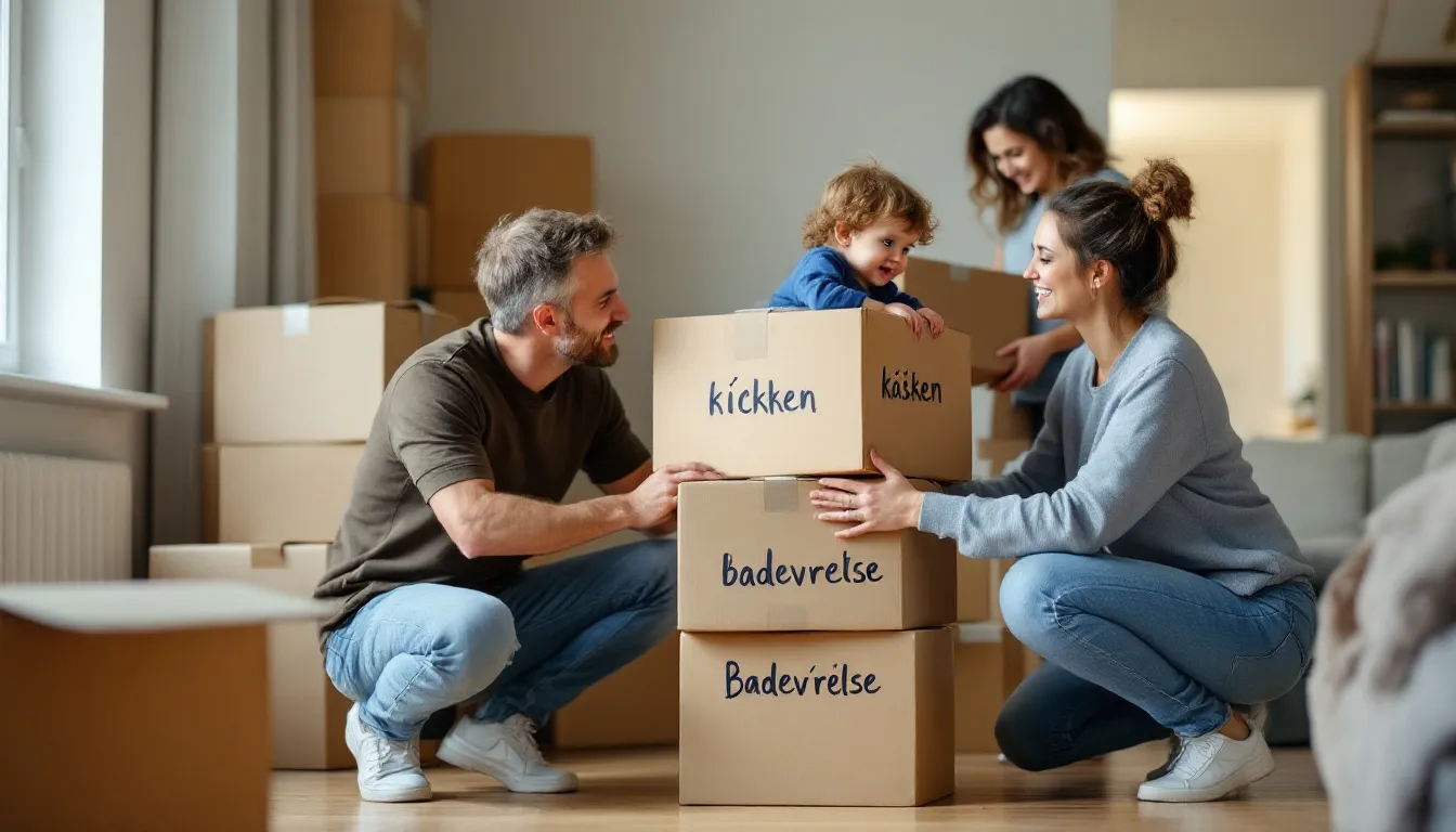 Et billede af en familie, der pakker flyttekasser i deres stue forberedende til en flytning fra Sjælland til Jylland. De ser engagerede ud, mens de sorterer deres ejendele og forbereder sig på den professionelle flytning til deres nye bolig.
