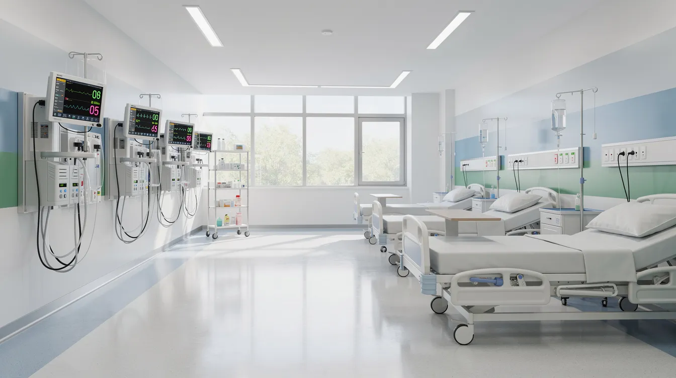 cd8d68f2 da15 4c18 a553 4caa96774a3f The image depicts the interior of a modern hospital ward featuring clean hospital beds arranged neatly, alongside advanced medical monitoring equipment. This setup reflects the high standards of healthcare facilities often seen in hospitals in India, emphasizing the importance of hospital infrastructure and operational efficiency.