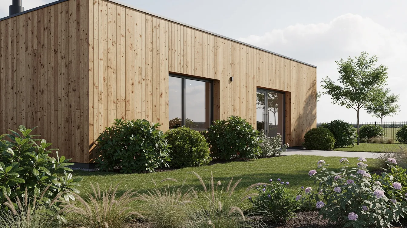 Na zdjęciu znajduje się drewniana elewacja domu, otoczona bujną zielenią ogrodu, która podkreśla naturalne piękno drewna. Widać, że drewno zostało odpowiednio zabezpieczone, co zapewnia mu długotrwałą ochronę przed zmiennymi warunkami atmosferycznymi oraz promieniowaniem UV.