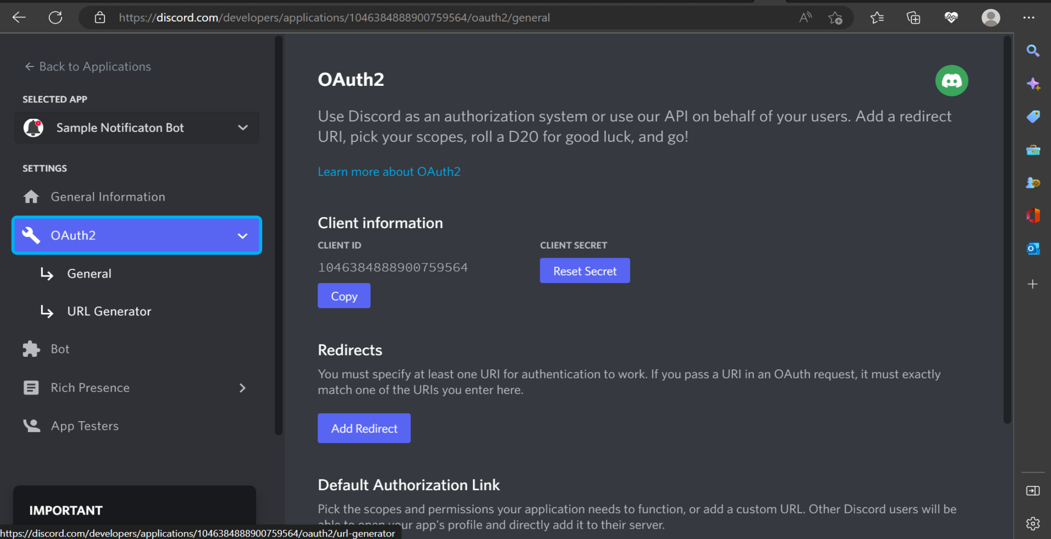 The OAuth2 page of the Discord developer portal.