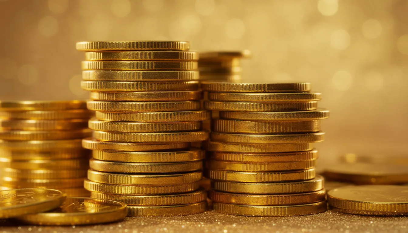 En bild av gyllene mynt som är staplade på varandra, omgivna av en glittrande bakgrund som ger en känsla av lyx och spel. Dessa mynt kan symbolisera vinster och möjligheter hos Golden Bull Casino.