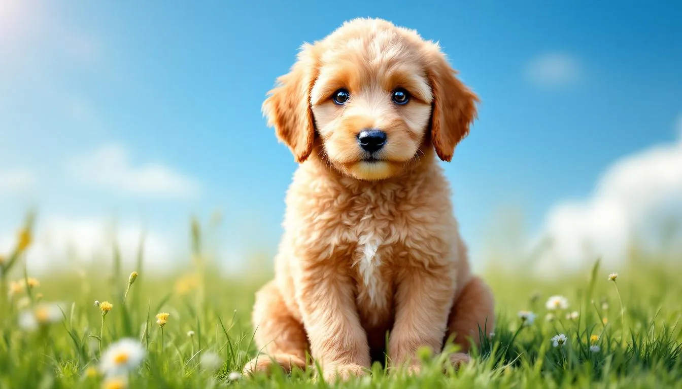 A playful F1BB Goldendoodle puppy with a curly teddy bear coat is sitting in lush green grass, showcasing its adorable features and gentle demeanor. This mini goldendoodle is an ideal choice for families looking for a sweet and hypoallergenic companion.