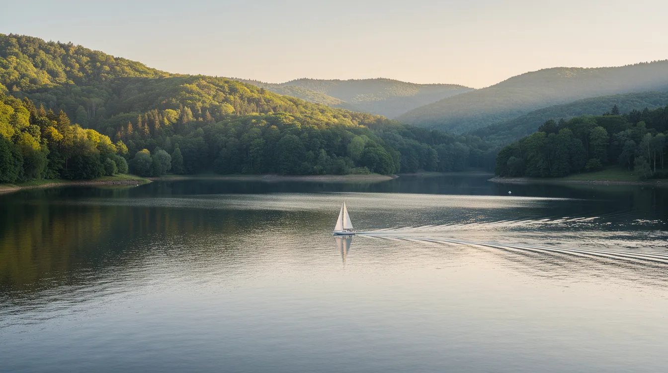 Ein malerischer Stausee, umgeben von bewaldeten Hügeln, zeigt ein Segelboot, das sanft auf dem Wasser schaukelt. Diese idyllische Landschaft ist ein Highlight unter den Ausflugszielen im Sauerland und bietet Naturerlebnisse für Wanderer und Naturliebhaber.