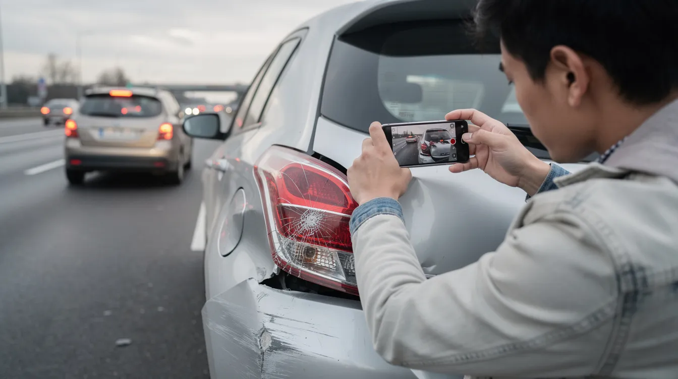 A person is standing by the roadside, using a smartphone to photograph the damage to a vehicle involved in a car accident. This scene highlights the importance of documenting evidence in personal injury cases for potential claims against the at-fault party.