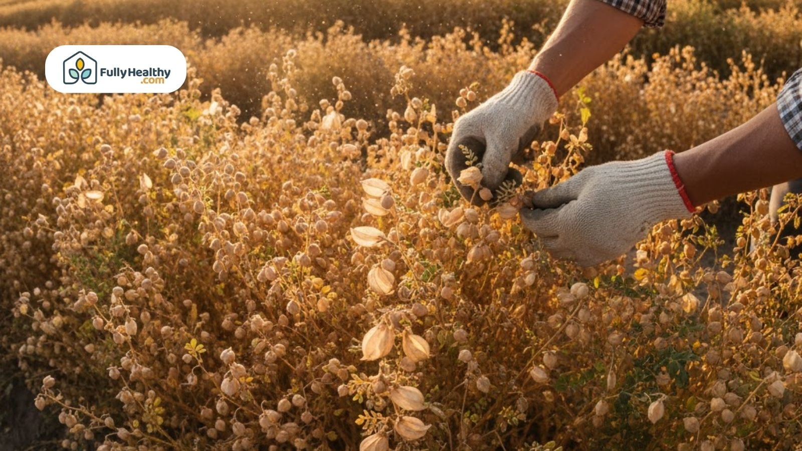 Farmer harvesting dried chickpea pods in a golden sunlit field