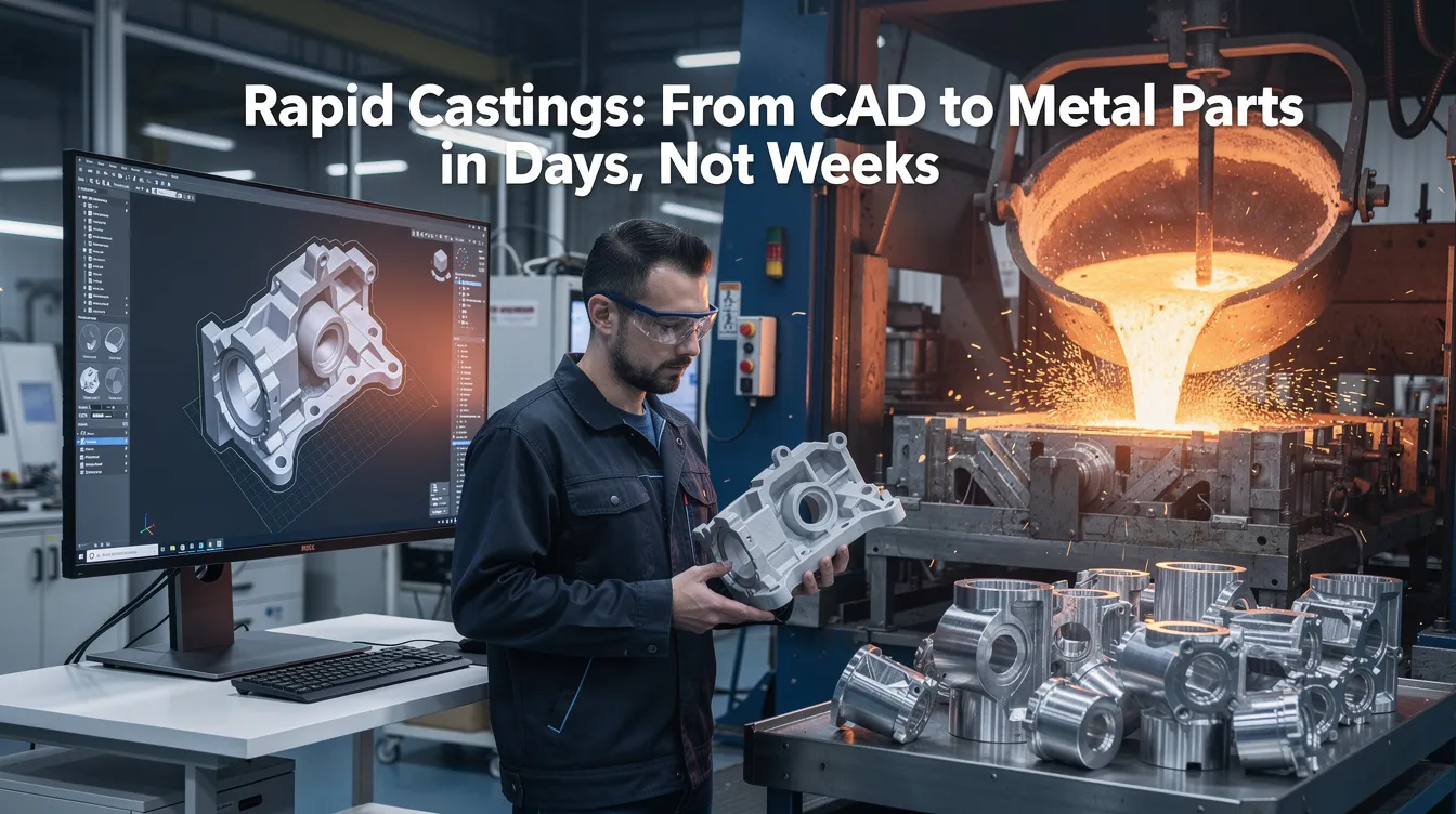 The image illustrates the rapid prototype investment casting process, showcasing the transformation from CAD designs to complex metal parts produced in just a few days. It highlights the use of advanced technologies like 3D printing and sand molds to create precise casting molds for the automotive industry and other sectors, emphasizing speed and efficiency in manufacturing.