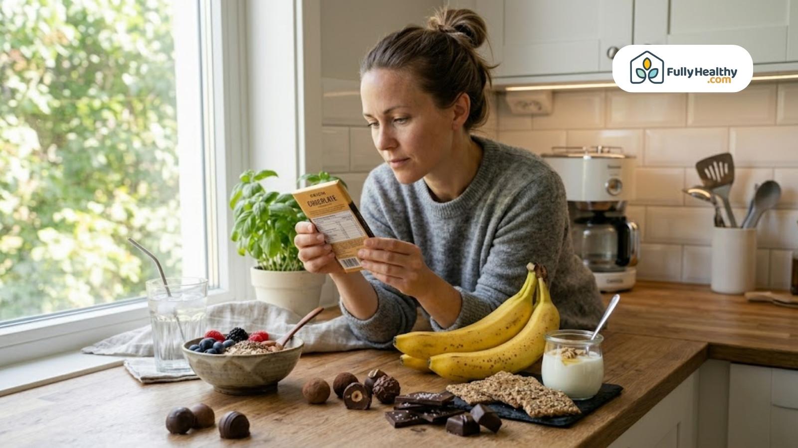 Woman reading chocolate label while comparing with healthier food options