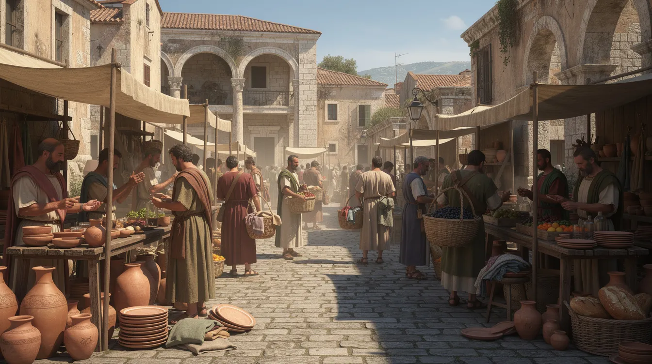 The image depicts an ancient Roman marketplace bustling with activity, featuring stone stalls filled with clay pottery and various goods, while people dressed in tunics engage in trade. This vibrant scene reflects the Greco-Roman world, showcasing daily life during the Roman Empire, where early Christians and other individuals interacted in a rich cultural and historical context.