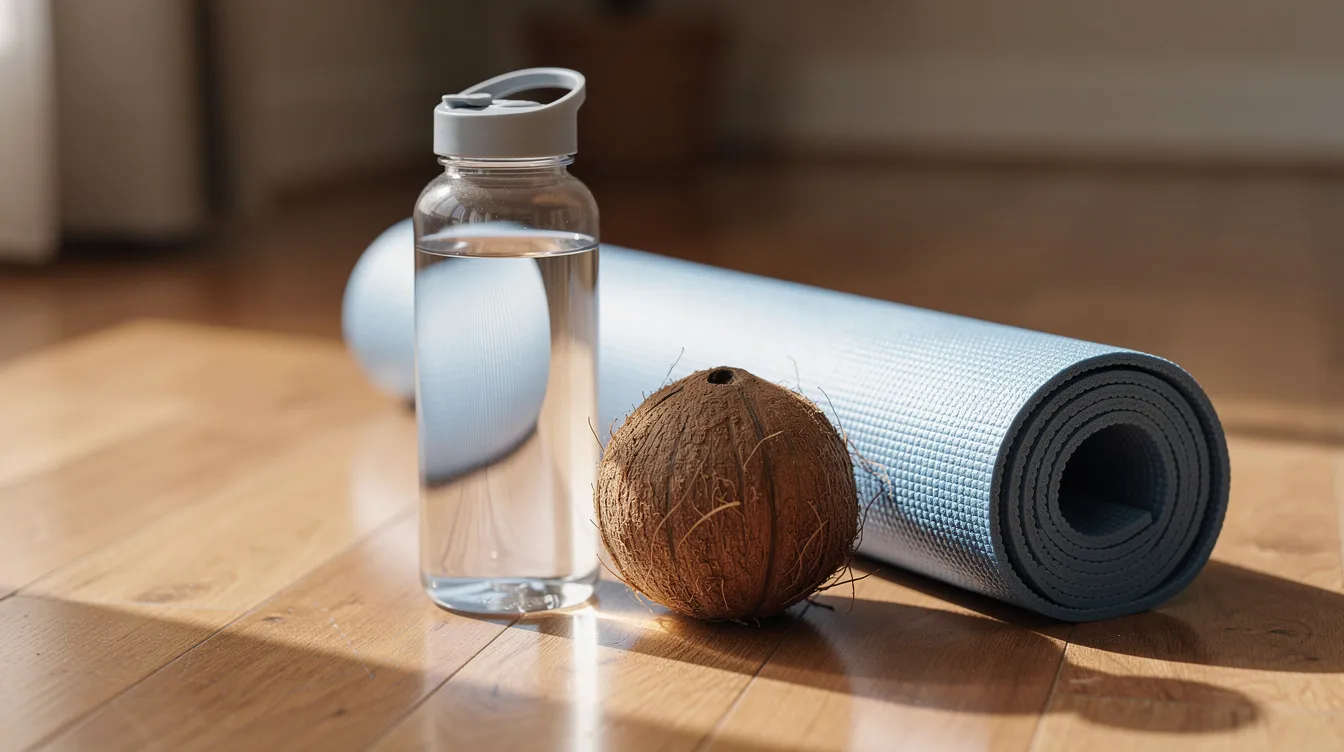 The image features a clear water bottle and a coconut placed next to a rolled-up yoga mat on a wooden floor, suggesting preparation for a hot yoga class. This setup emphasizes the importance of staying hydrated and the refreshing benefits of coconut water after a heated yoga practice.
