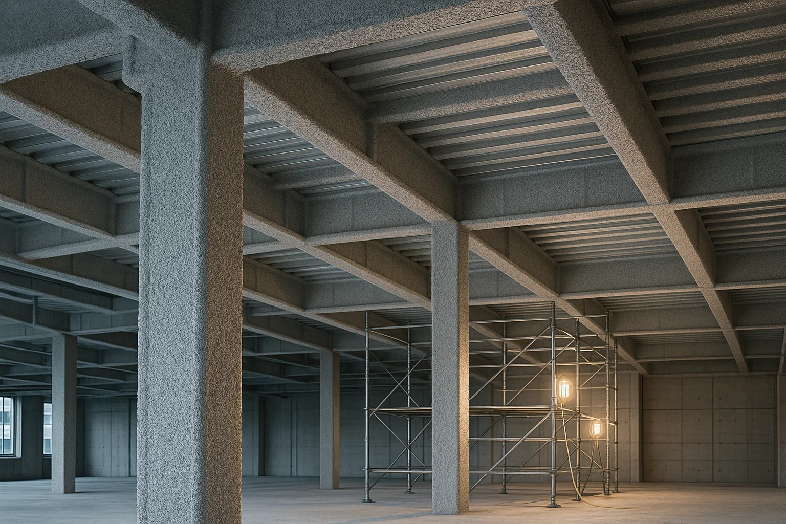 Cementitious coating applied to steel beams as part of a passive fire protection system in a modern building.