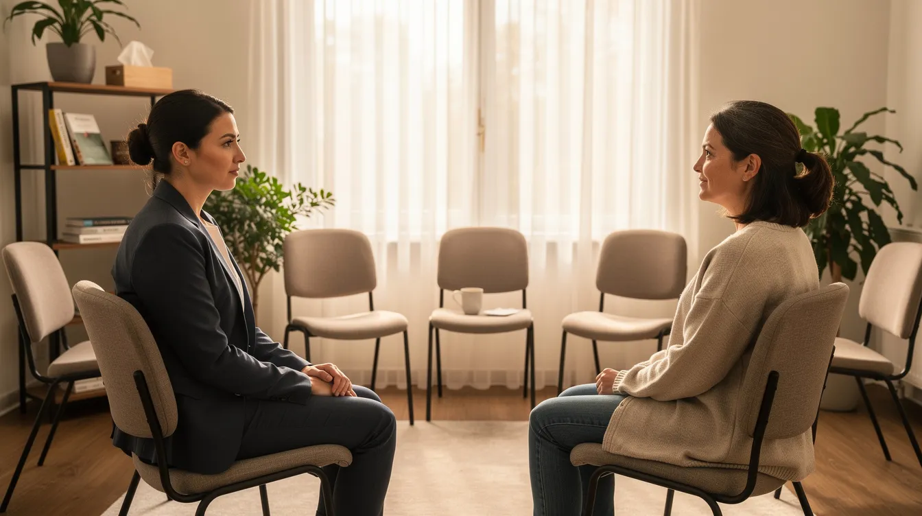 The image depicts a therapist and client seated in a serene office environment, with empty chairs arranged for experiential work, symbolizing the therapeutic relationship essential in schema therapy. This setting invites exploration of schema modes, such as the vulnerable child mode and healthy adult, to address core emotional needs and maladaptive coping styles.