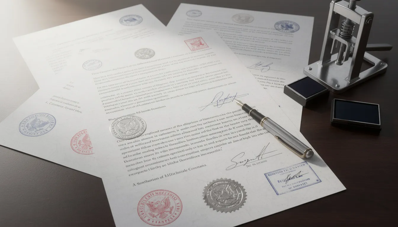 Imagen de documentos oficiales con sellos y firmas sobre un escritorio de madera, que representan el proceso de legalización y validación de títulos universitarios en España. Estos documentos son esenciales para la autenticidad y reconocimiento en instituciones educativas y en el mercado laboral.