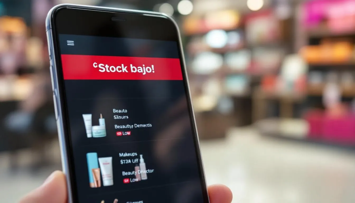 Notificación en un teléfono móvil que alerta sobre el bajo stock de productos en un salón de belleza. Esta herramienta de gestión ayuda a los propietarios a mantener un control eficiente del inventario y a tomar decisiones rápidas para asegurar la satisfacción de los clientes.