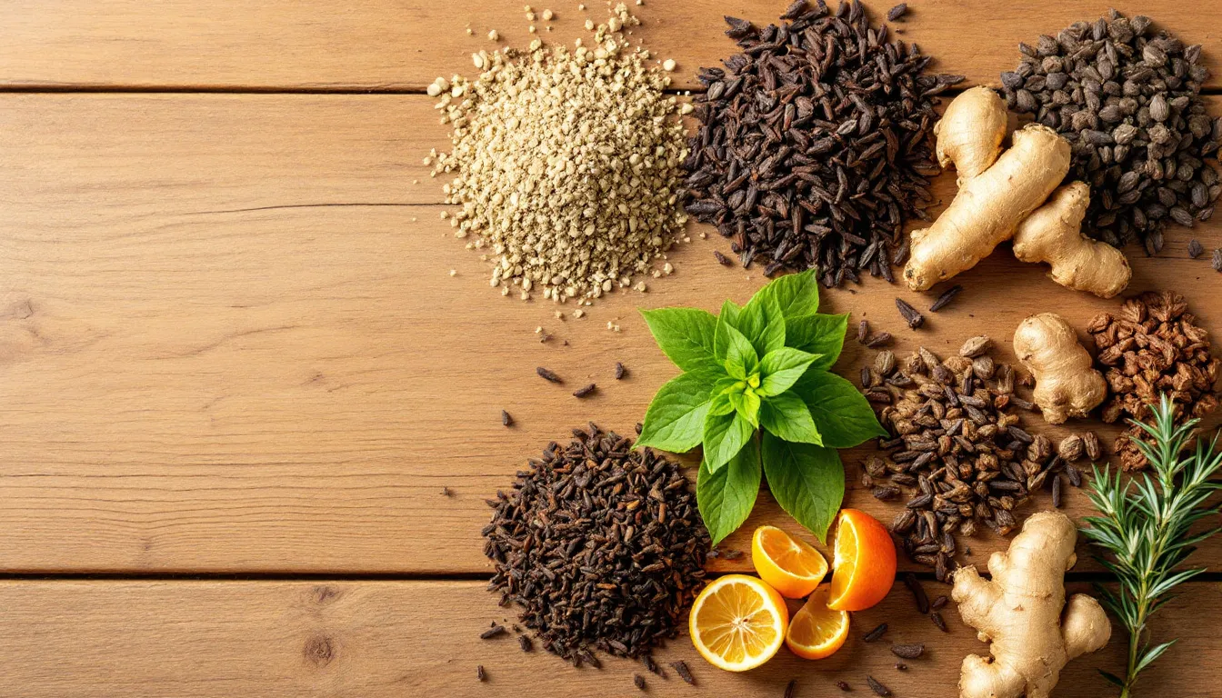 A collection of various antiparasitic herbs and natural ingredients is beautifully arranged on a wooden surface, showcasing items known for their anti-parasite properties. These natural remedies are often used in parasite cleanse diets to help treat parasitic infections and support a healthy digestive system.
