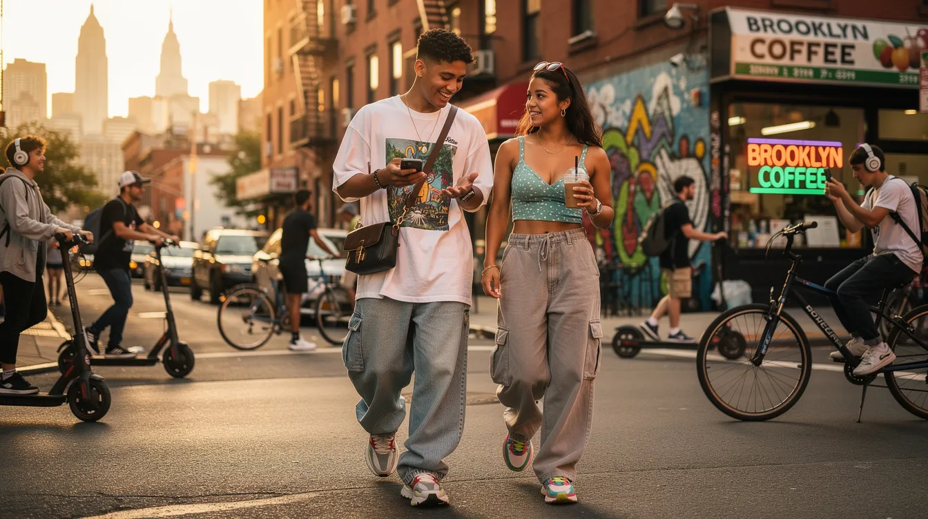 The image depicts a lively Brooklyn scene where young people engage in modern dating, using dating apps and social media to connect with potential partners. The atmosphere reflects the latest dating trends among Gen Z, showcasing a mix of romantic interests and casual interactions in everyday life.