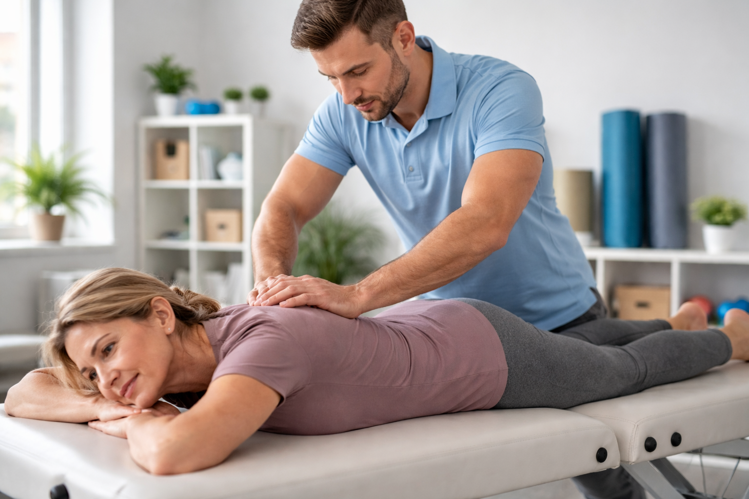Physical therapist providing treatment for lower back pain in a clinical setting