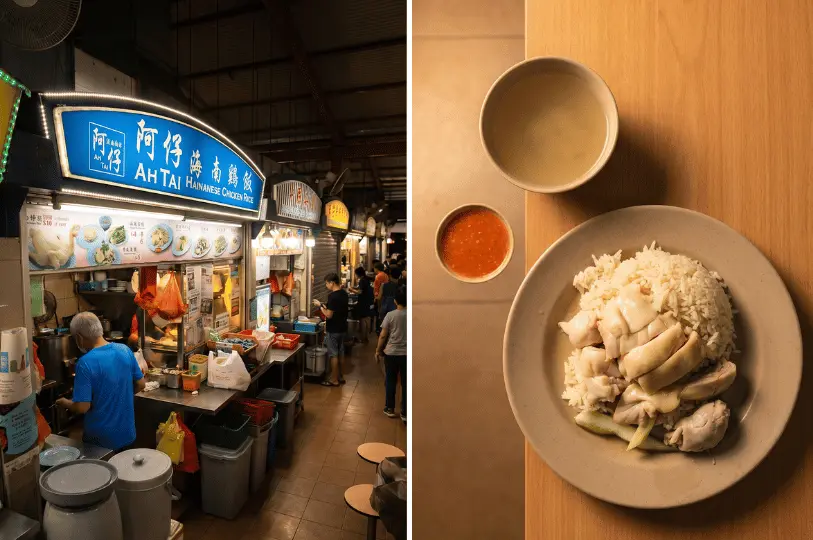 A split view showing the Ah Tai Hainanese Chicken Rice stall with a chef working inside, alongside an overhead shot of chicken rice served with a bowl of clear broth and chili sauce.