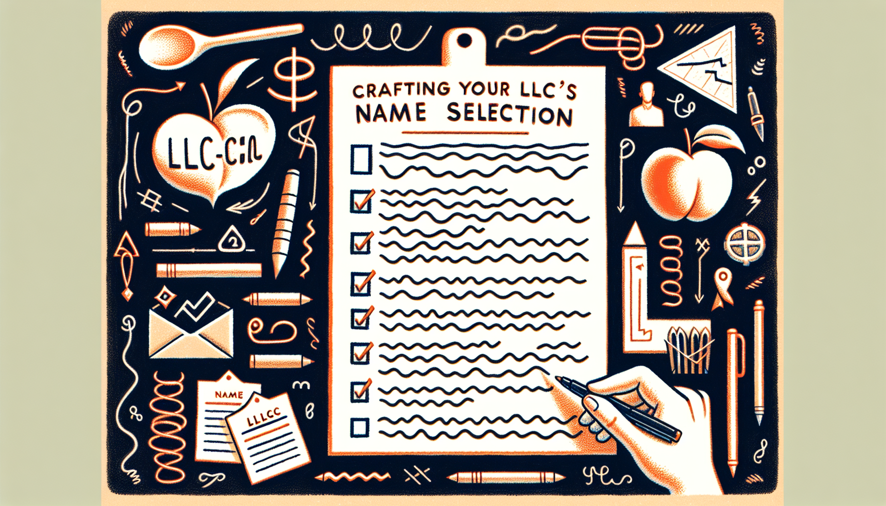 Illustration of a checklist with the title 'Crafting Your LLC's Identity: Name Selection'