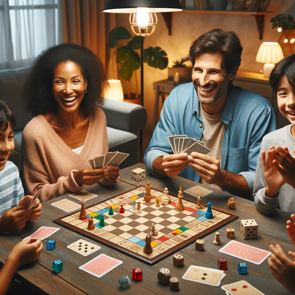 A family playing board games together, having fun and enjoying quality time