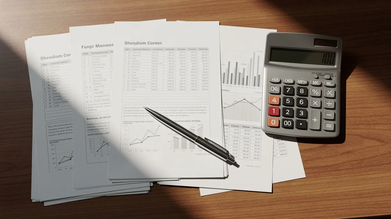 cdabddef 8414 4078 8b11 537b31734df4 The image depicts a neatly organized set of financial documents alongside a calculator and a pen, all resting on a wooden desk. This setup suggests preparation for applying for mudra loans or assessing eligibility criteria for financial assistance from various financial institutions.