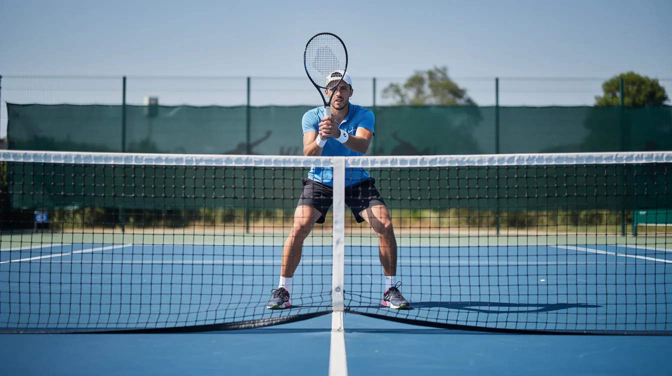 A tennis player stands at the net in a ready position, holding their racket in front of their chest with a continental grip, prepared to execute a volley. The outdoor hard court is visible beneath their feet, and the player's body weight is slightly forward, indicating readiness to react to an incoming ball.