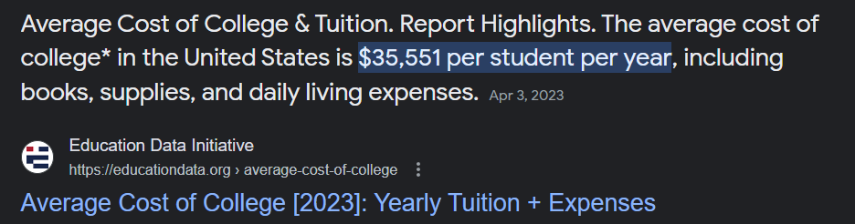 A picture showing the cost of college degree programs nowadays.