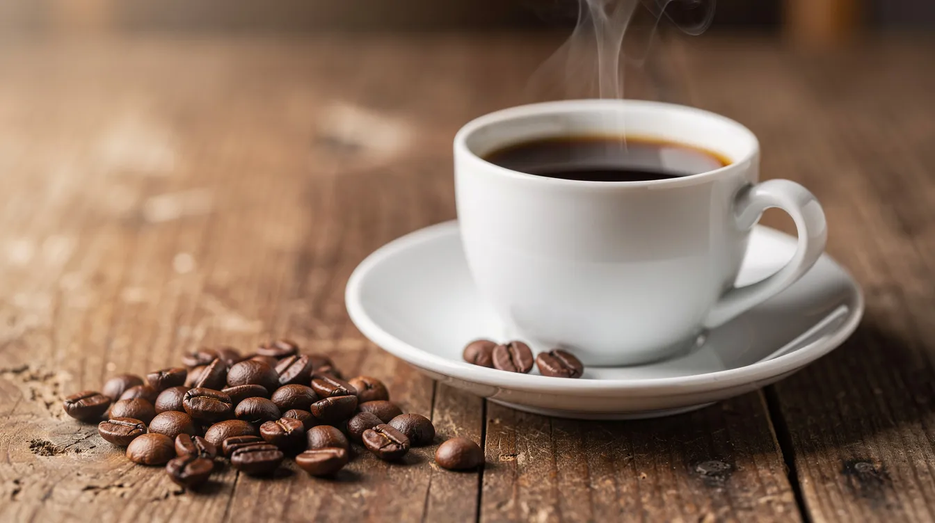 Auf einem rustikalen Holztisch steht eine dampfende Tasse Kaffee, umgeben von Kaffeebohnen. Diese Szene symbolisiert den Kaffeegenuss, während viele Menschen mit Kaffeeverträglichkeiten und möglichen Symptomen wie Herzrasen oder Übelkeit kämpfen.