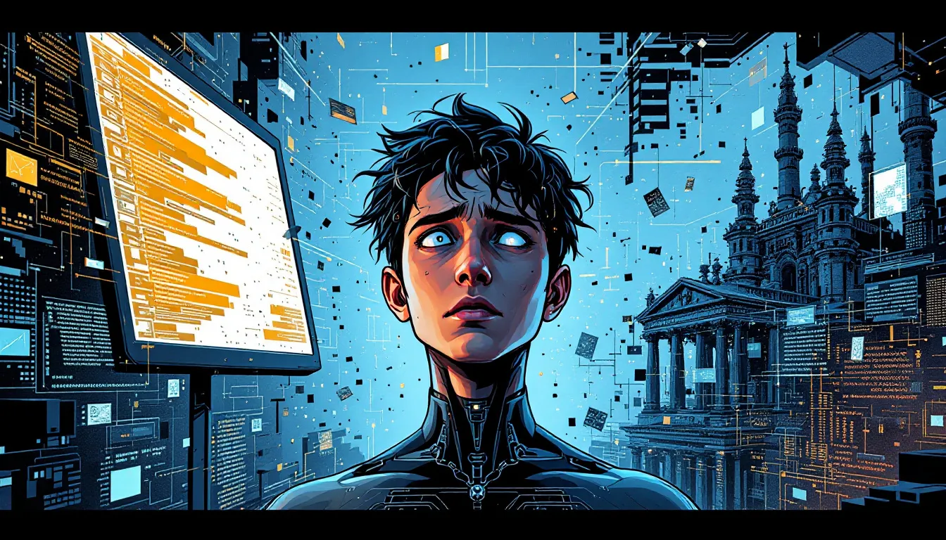 A conceptual illustration depicting bias in AI systems and its impact on human decision making.