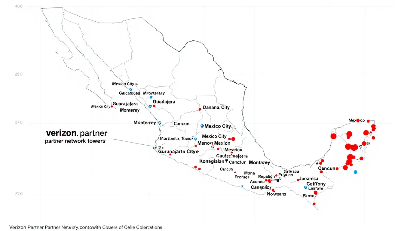 The image depicts a map of Mexico highlighting major cities, with indicators showing areas of cellular coverage and locations of Verizon partner networks. This visual serves as a guide for travelers to understand where they can access unlimited talk, text, and data services, including details on Verizon plans that work in Mexico and Canada.