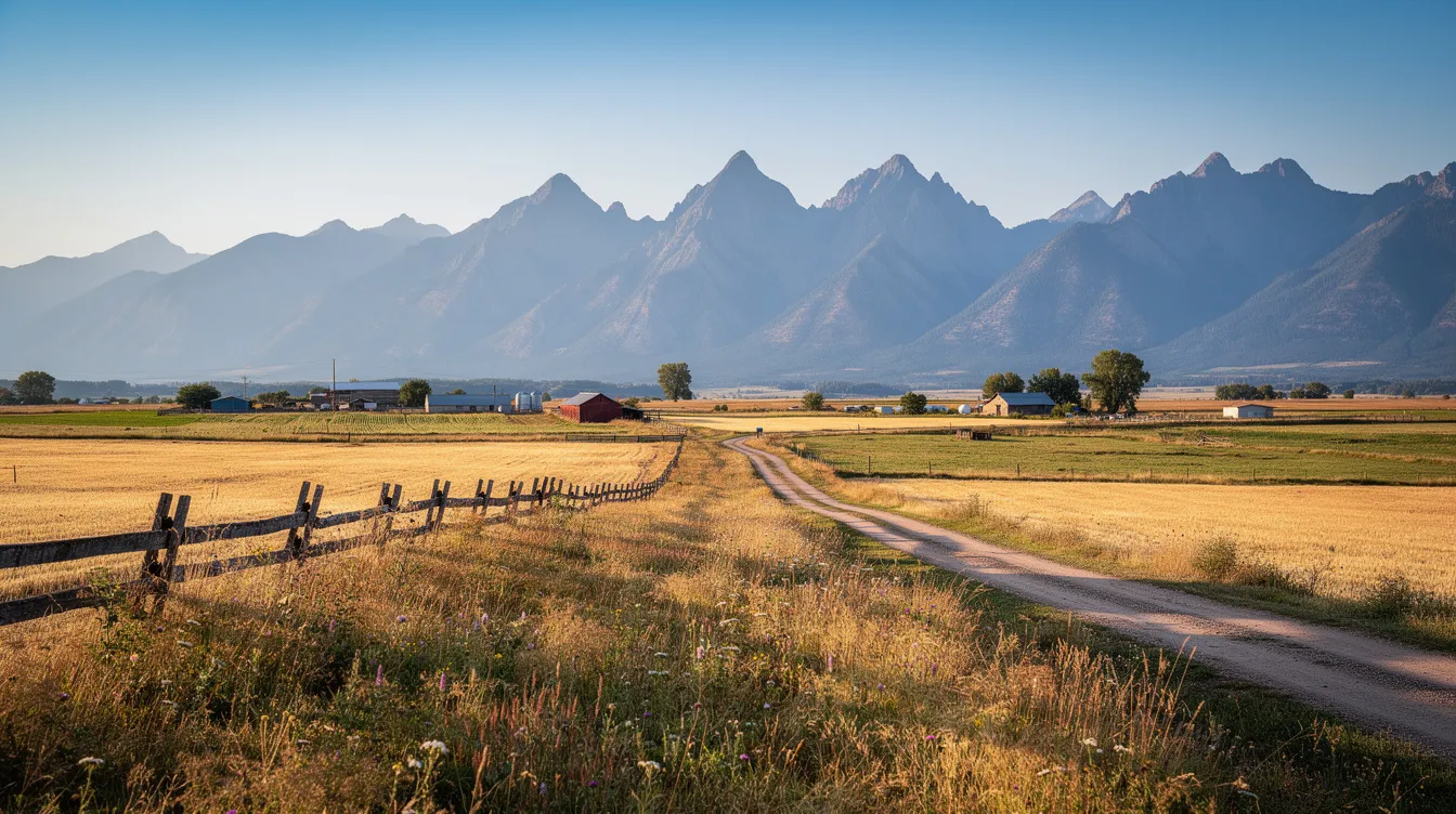 The image depicts a diverse American landscape featuring a rural field in the foreground and distant mountains under a clear blue sky, symbolizing the vastness and beauty of the country. This serene scene contrasts with discussions surrounding gun laws, emphasizing the importance of understanding state firearms laws and gun violence prevention in various regions.