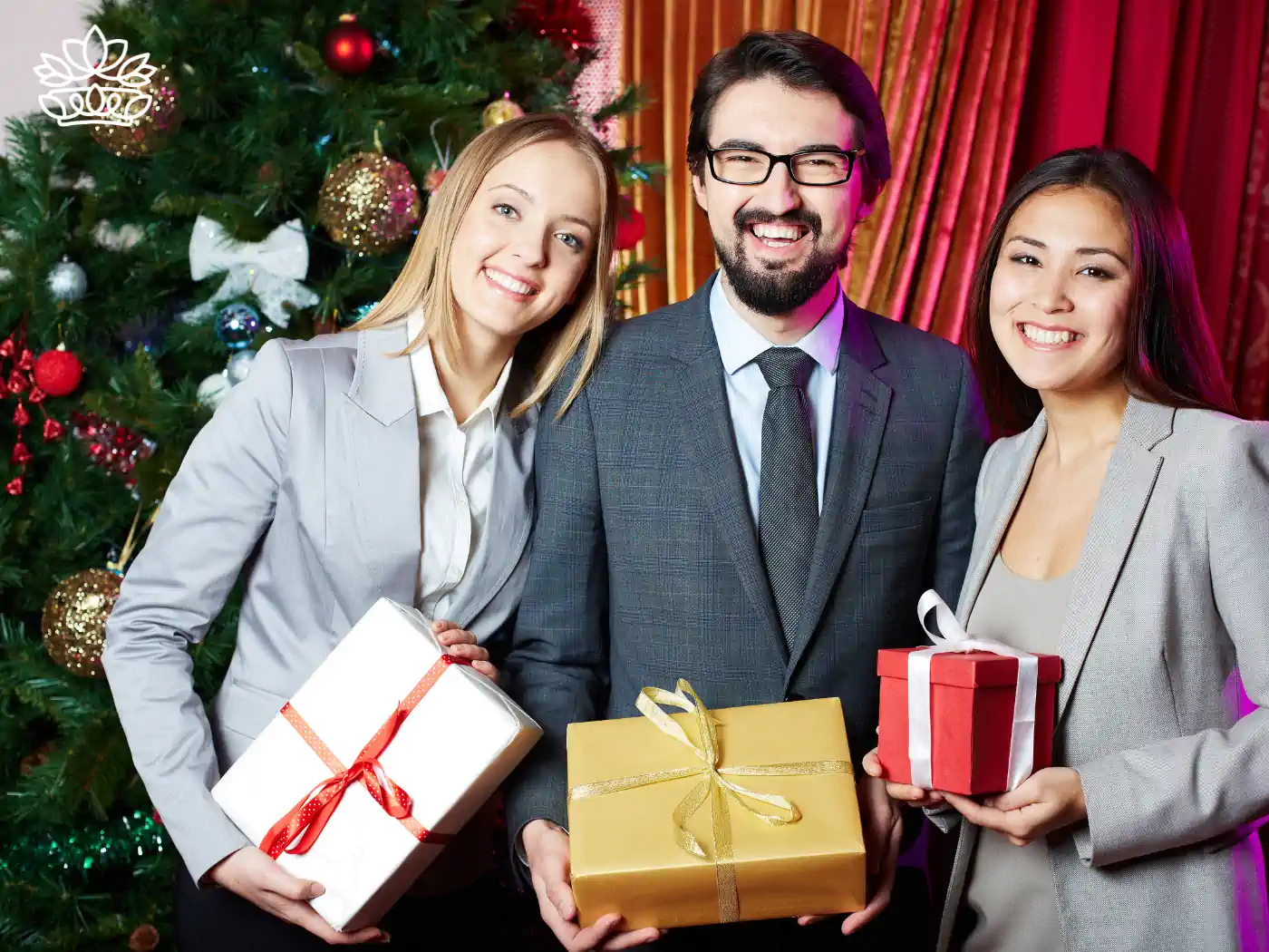 Three colleagues exchanging gift boxes at an office Christmas party - Fabulous Flowers and Gifts - Nationwide Gift Box Delivery