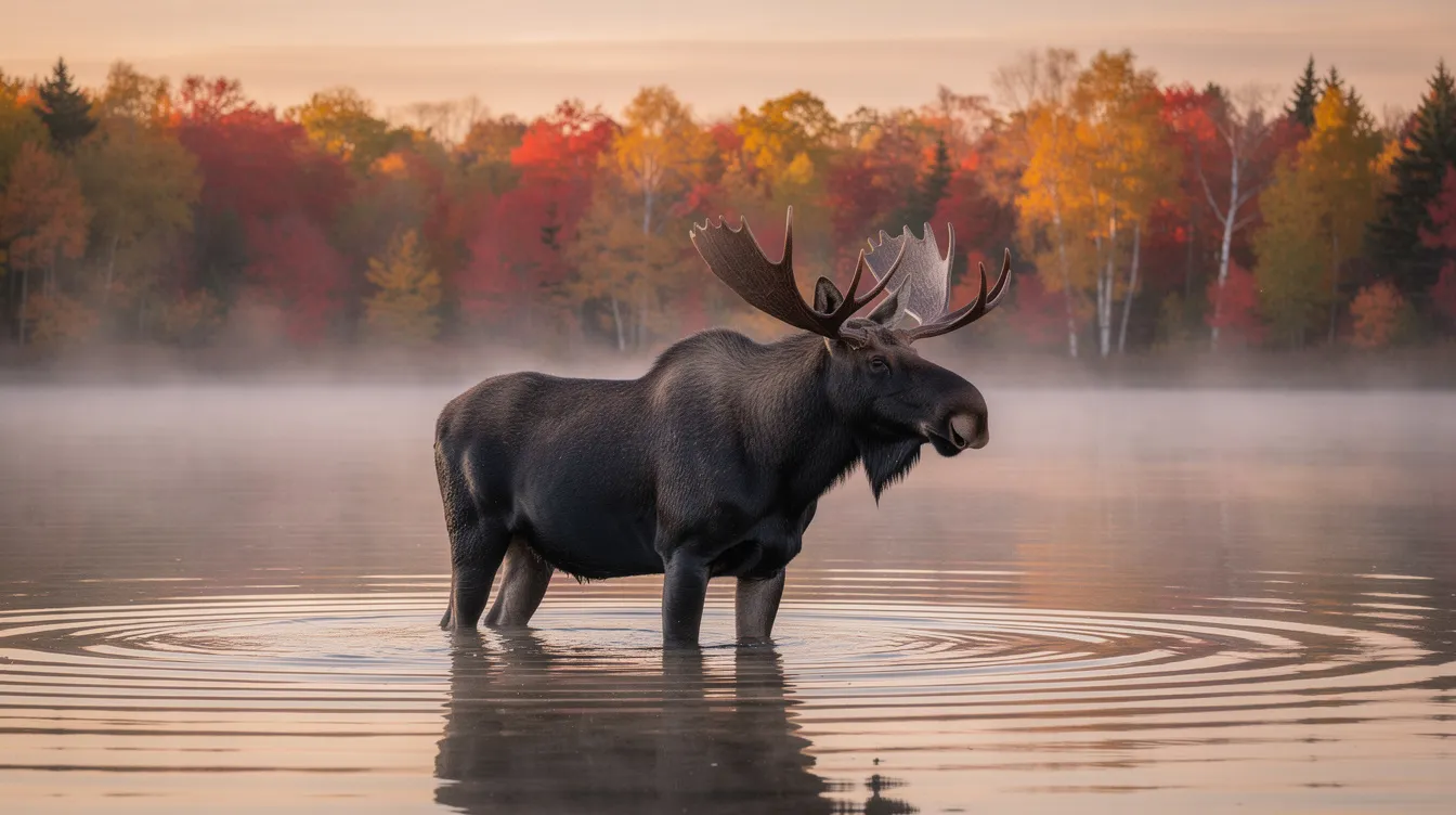 cdbacd6d 6bf7 45ce a45e e4396dbd0dce A majestic bull moose stands in a misty lake at sunrise, with its impressive antlers silhouetted against the soft light. The vibrant autumn-coloured forest is beautifully reflected in the water, showcasing the natural habitat of this iconic Canadian animal.