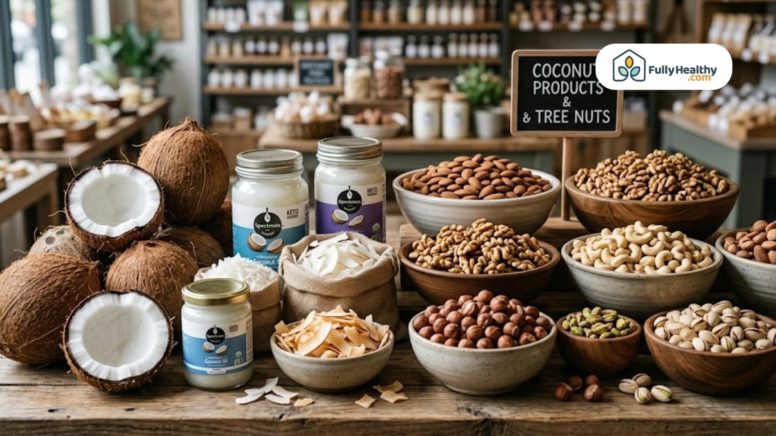 Assortment of coconuts, oils, and various nuts displayed on wooden table