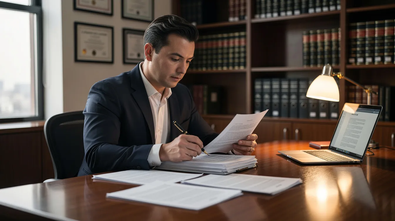 An attorney sits at a desk meticulously reviewing documents related to a car accident case&mdash;including medical records and police reports&mdash;highlighting the importance of legal guidance in navigating the insurance claims process and ensuring fair compensation for car accident victims.