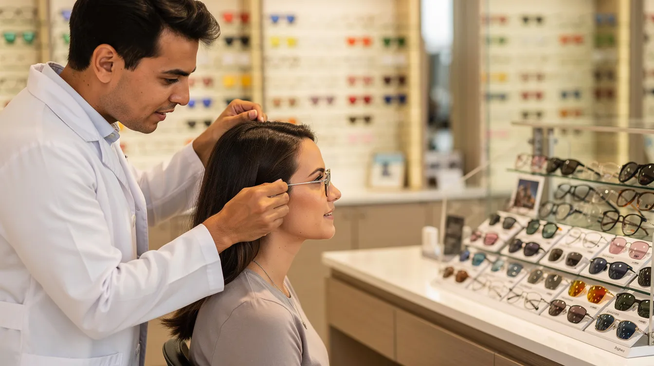 Imagem de um atendimento em ótica, onde um profissional ajusta a armação de óculos enquanto um cliente observa diferentes opções de lentes de contato. O ambiente é acolhedor, com várias armações expostas e um foco na variedade de produtos disponíveis para atender às necessidades de visão, como miopia e astigmatismo.