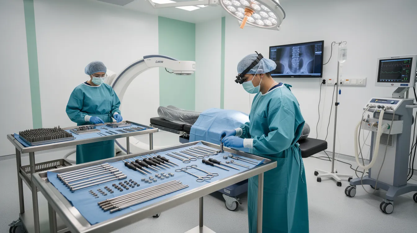 A team of surgeons is preparing a modern operating room equipped with advanced imaging technologies and specialized spine instruments, highlighting the latest innovations in spine surgery. The setup reflects a commitment to revolutionizing the approach to patient care and improving surgical outcomes.