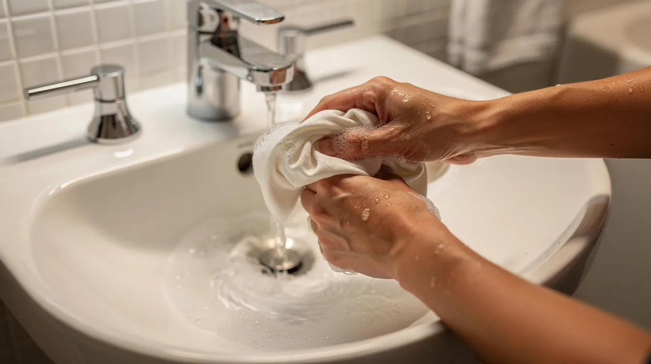 A person is hand-washing a t-shirt in a white hotel bathroom sink, with visible soap suds indicating the use of laundry soap. This image illustrates a practical approach to doing laundry while traveling, emphasizing the ease of washing clothes in a hotel room.