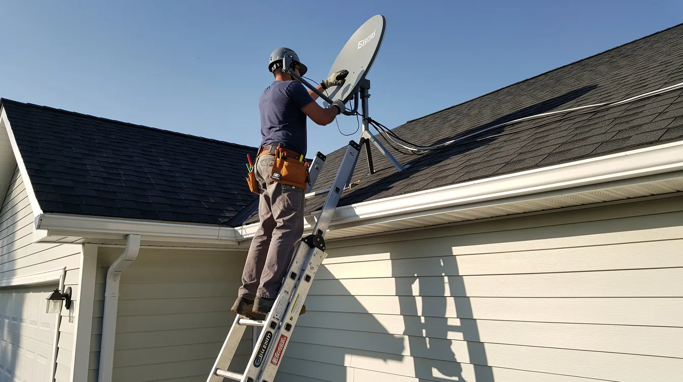 A technician is seen on a ladder, carefully installing a satellite dish on the roof of a house, showcasing professional dstv installation services. The technician is focused on ensuring the dish is aligned correctly for optimal signal reception, highlighting the importance of expert dstv installation in Tokai.