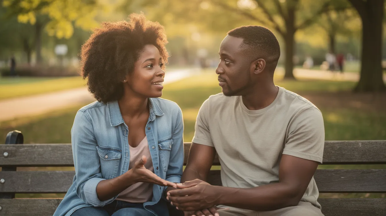 The image shows a black couple sitting on a park bench, engaged in an honest conversation that emphasizes the importance of open communication in a healthy relationship. Their interaction highlights emotional safety and the commitment to addressing relationship issues in a supportive environment.