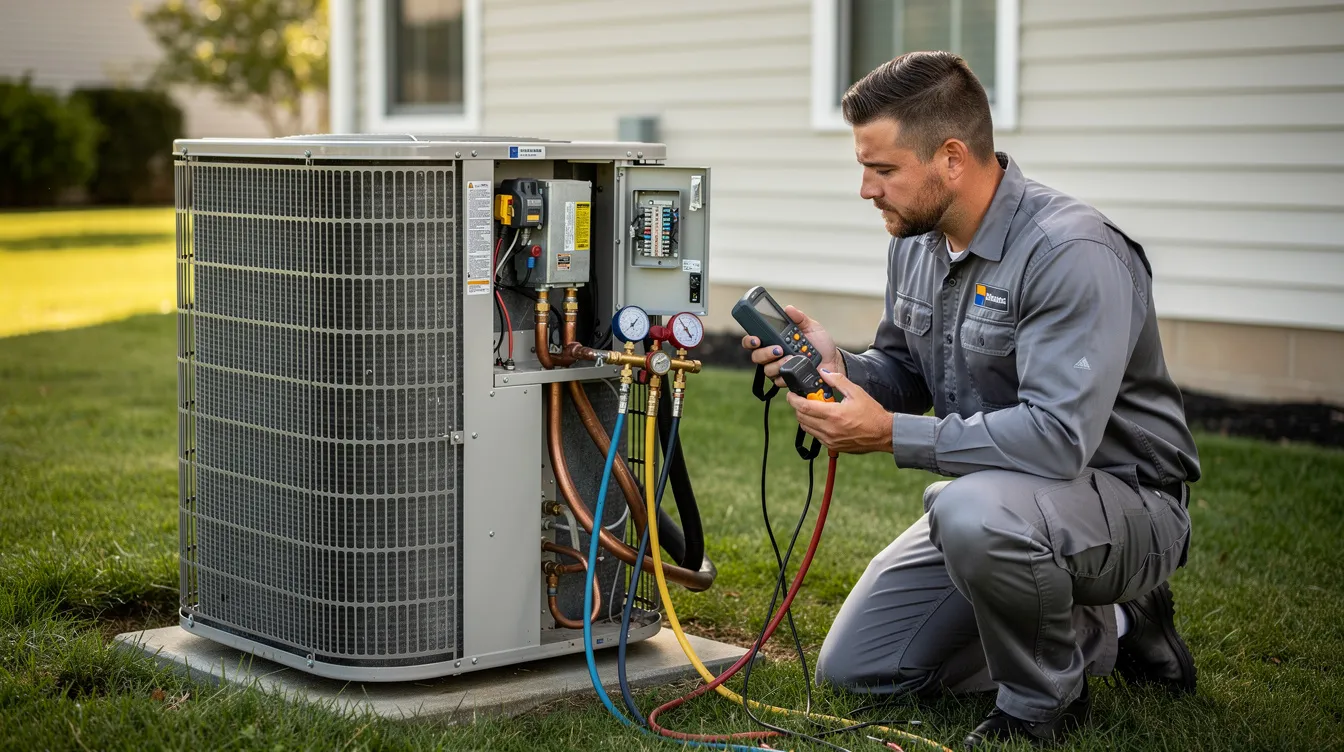 An air conditioning technician dressed in work clothes is inspecting an outdoor condenser unit, using diagnostic tools to assess its performance. The technician is focused on ensuring efficient cooling and energy savings, which are essential for maintaining consistent temperatures in inverter air conditioning systems.
