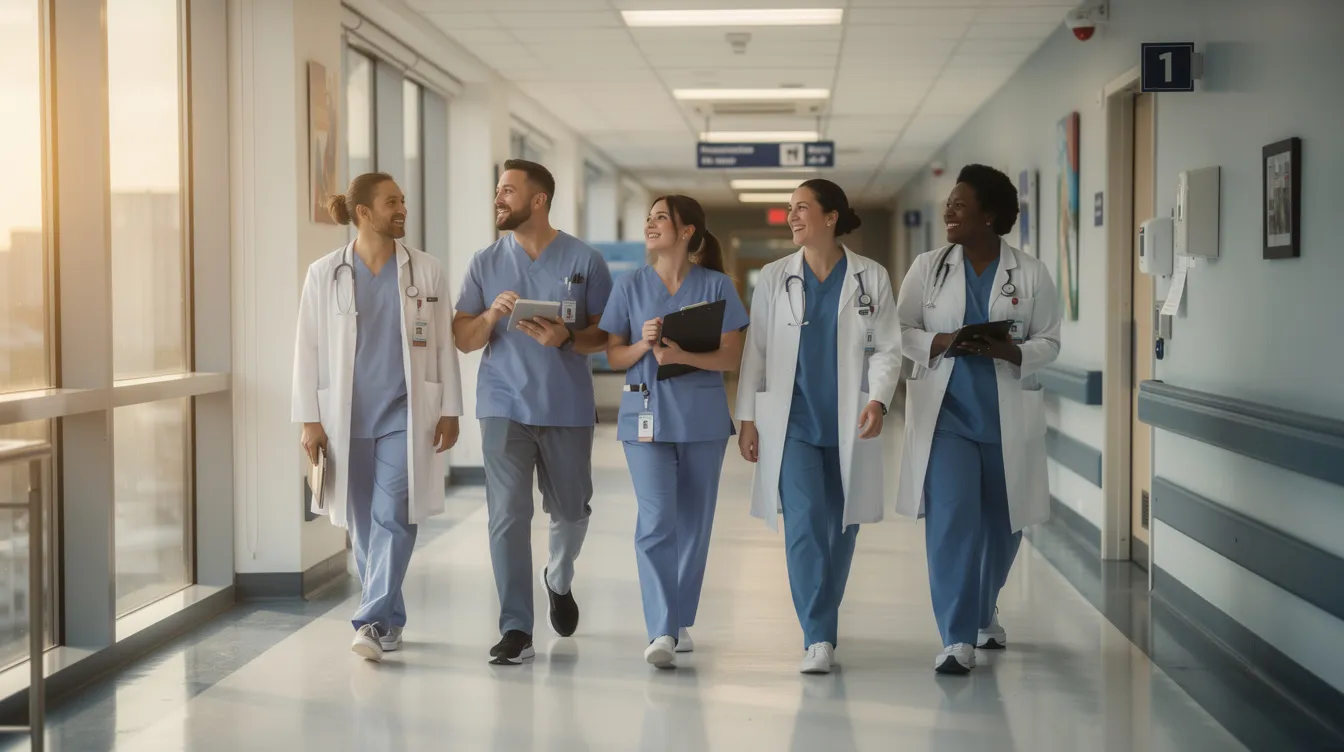 A group of healthcare professionals, including doctors and nurses, walk through a bright hospital corridor at the end of their shift, reflecting the teamwork and dedication of employees in the Freeman Health System. The scene captures a moment of transition, as these workers manage the demands of their job in the fast-paced environment of healthcare.