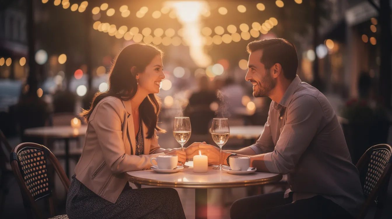 A couple sits closely at a candlelit table, enjoying a romantic dinner together, symbolizing the early stages of their intentional dating journey towards a meaningful relationship. Their shared smiles and laughter reflect a mutual understanding and the excitement of exploring common interests as they navigate the dating process.